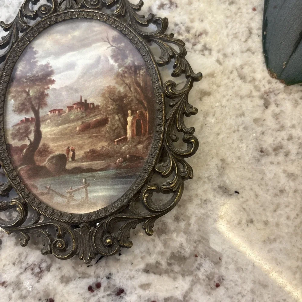 Small Ornate Patina Gold Filigree Oval Frame Florentine Landscape Print Art VTG